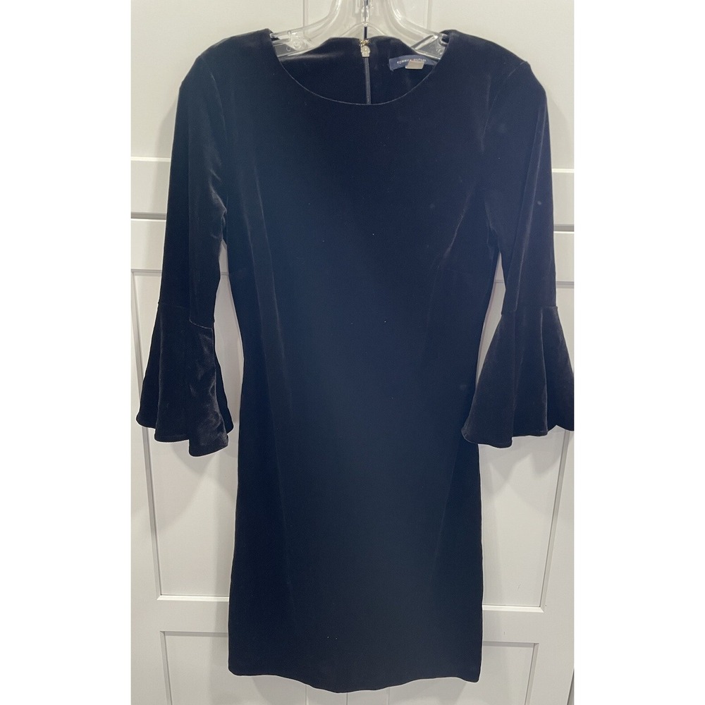 TOMMY HILFIGER Sz 4 DRESS BLACK VELVET BELL 3/4 SLEEVE‎ ZIP STRETCH AK101